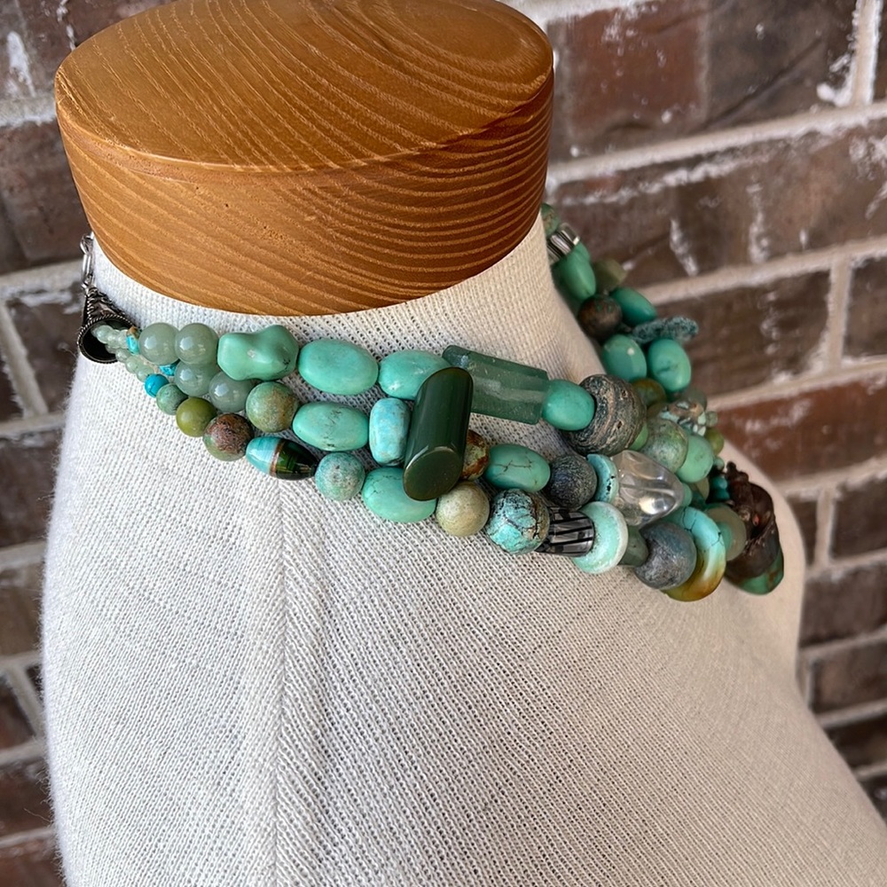 RARE Vintage Tibetan Turquoise & Jade Layered Necklace - Picture 7 of 15